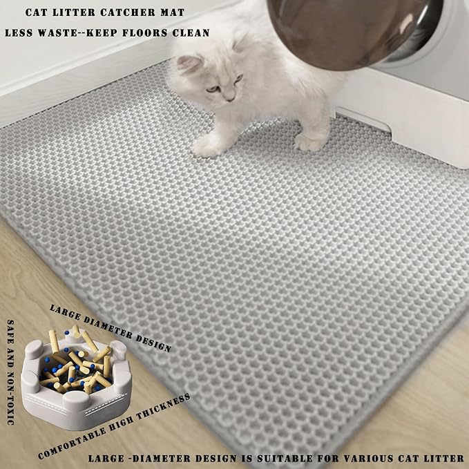 HCY&WLD Cat Litter Mat, 45x26/35x24/30x22/24x18 Inch Double Layer Cat Litter Box Mat, EVA Non-Slip, Waterproof Urine Proof Cat Litter Catcher Mat, Easy Clean Scatter Control (24x18 Inch, Gray)