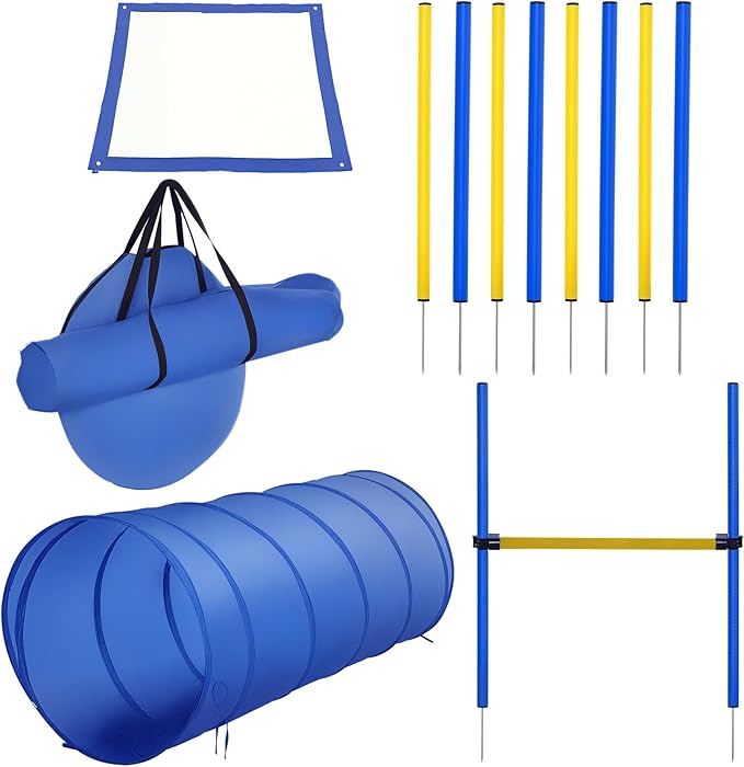 PawHut 4PC Obstacle Dog Agility Training Course Kit Backyard Competitive Equipment- Blue/Yellow