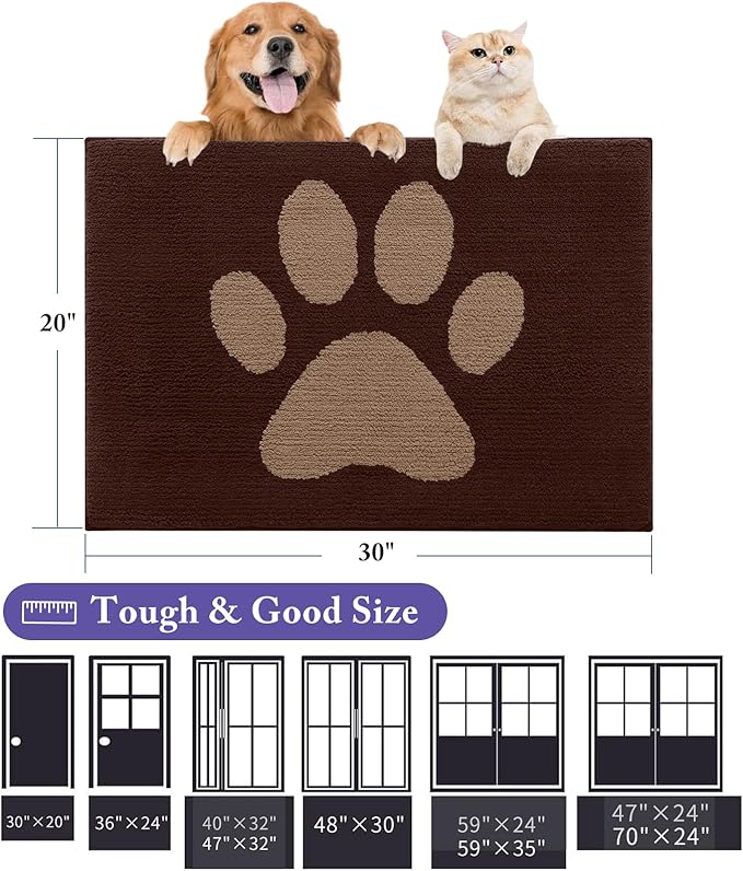 Buganda Dog Door Mat for Muddy Paws, Absorbent Dirt Trapper Non Slip Indoor Doormats, Washable Low-Profile Mat for Mud Dogs, Entryway Carpet for Inside Floor (36x24 Inches, Brown)