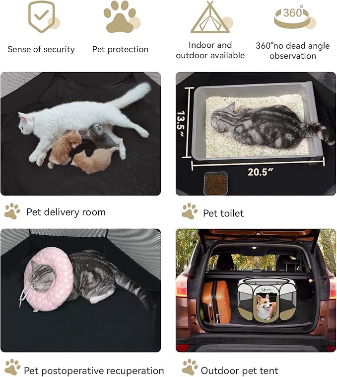 Dog Cat Playpen, Medium Puppy Pet Playpen, Dog Crate Tent Cage Indoor/Outdoor, Portable Pop Up Dogs Kennel Playpen with Carrying Case for Dogs/Cats/Rabbits (Khaki,Medium)