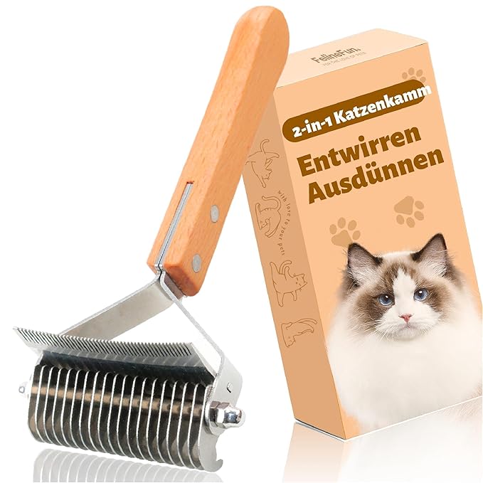 FelineFun Cat Brush for Dematting & Deshedding, 2 in 1 Undercoat Rake, Efficiently Remove Loose Hair & Matted Fur, Professional Shedding Comb for Indoor Cats & Long Haired Cats