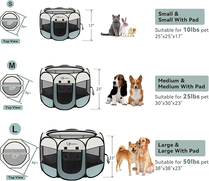 Dog Playpen with 2 Washable Pee Pad, Puppy Pet Cat Playpen Small AnimalsTent Crate Indoor/Outdoor, Portable Pop Up Kennel with Carrying Case(Grey with 2 Pads, Small)