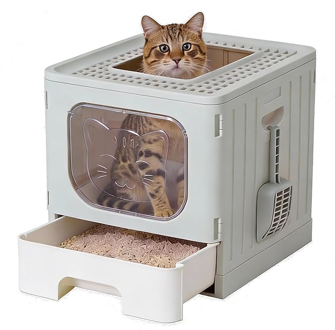 OLIXIS Cat Litter Box with Lid, Large Foldable Cat Box with Litter Scoop, Front Entry Top Exit Kitty Litter Box with Door, Easy Cleaning Drawer Design Odor Control, Grey