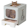 OLIXIS Cat Litter Box with Lid, Large Foldable Cat Box with Litter Scoop, Front Entry Top Exit Kitty Litter Box with Door, Easy Cleaning Drawer Design Odor Control, Grey