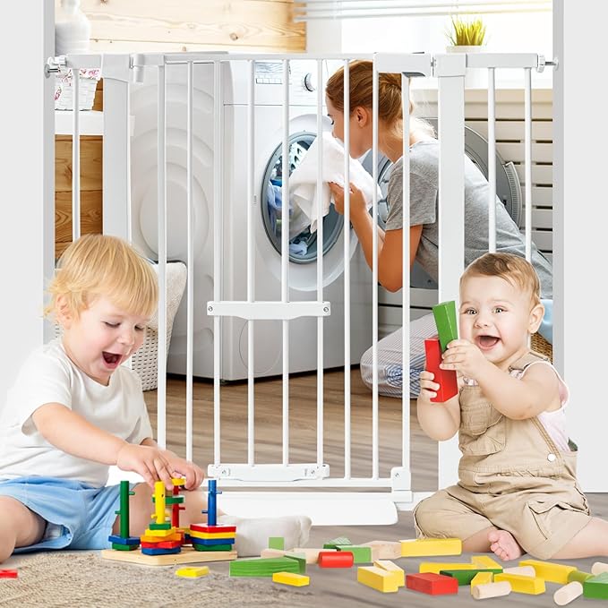 37 Inch Tall Baby Gate with Cat Door, Adjustable 29.55" and -40.55" Wide Auto Close Dog Gate Pressure Mounted Safety Pet Gate for Stairs, Doorway, House