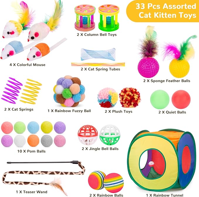 Retro Shaw 33Pcs Cat Toys for Indoor Cats Kitten, Collapsible Play Tunnel with Interactive Feather Wand, Bell Balls, Springs & Plush Mice Tent for Boredom Relief, Exercise & Kitty Hunting Instinct