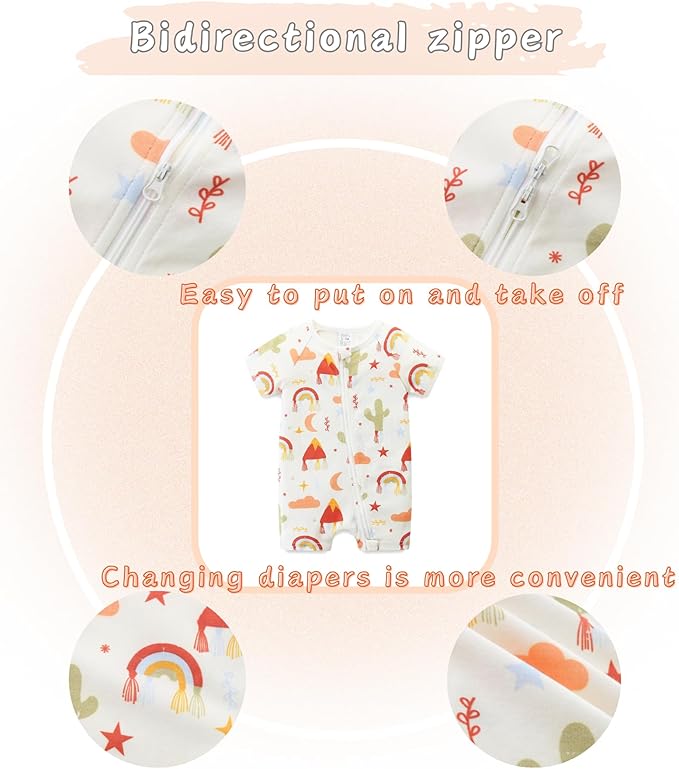 Unisex Summer Trendy 2-Pack Rompers Short Sleeve Zipped Bodysuit Infant Cotton Outfits