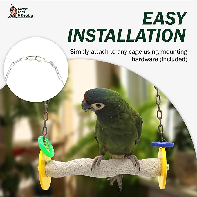 Sweet Feet and Beak Roll Bird Swing - Perch Bird Toys Trims Nails and Beaks, Safe and Non-Toxic Bird Cage Accessories for Small and Large Birds, Swinging Toys Birds Will Love, XL 11 Inches