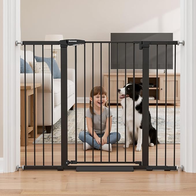 Mumeasy 36" Extra Tall Baby Gate for Stairs, 29.7-51" Wide Dog Gates Indoor for Doorways with Easy Walk Thru, Auto Close Pet Safety Gate for House, Pressure Mounted Metal Child Gate with Door, Black