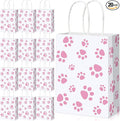 Blulu 20 Pcs Puppy Dog Paw Gift Bags with Paper Twist Handles, Dog Gift Paper Paw Treat Goodie Bags for PET Treat Party Favor, 6.3 x 3.1 x 8.6 Inch(White Backing, Pink Paws)
