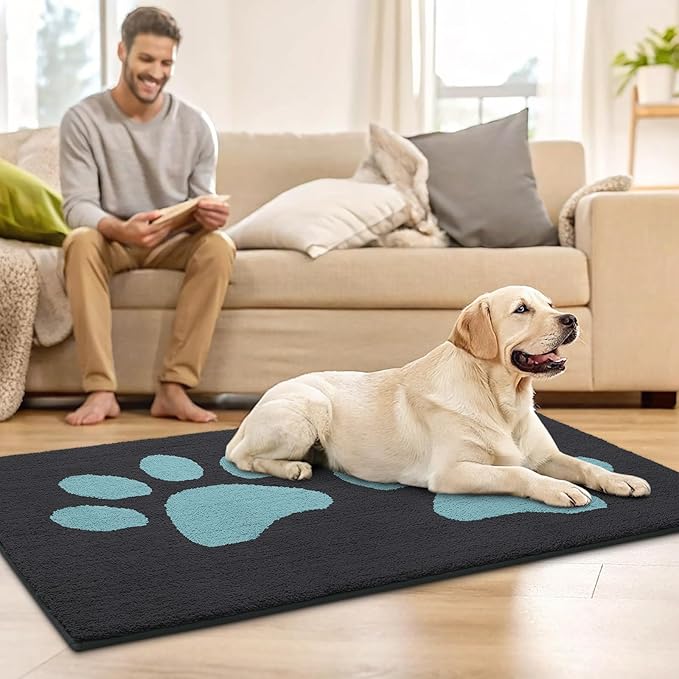 Buganda Dog Door Mat for Muddy Paws, Absorbent Dirt Trapper Washable Indoor Doormats, Non Slip Low-Profile Mud Mat for Dogs, Front Entrance Doormat for Inside Floor (30x20 Inches, Dark Grey and Blue)