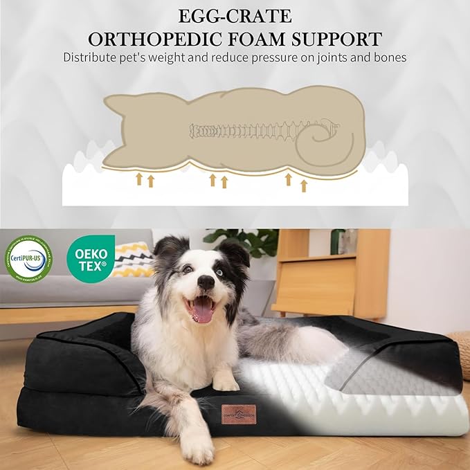 Comfort Expression Orthopedic Dog Bed for Extra Large Dogs 42x30 Inch, Waterproof Supportive Egg Crate Foam XL Pet Bed with Removable Bolsters, Dog Couch with Washable Cover & Non-Slip Bottom, Black