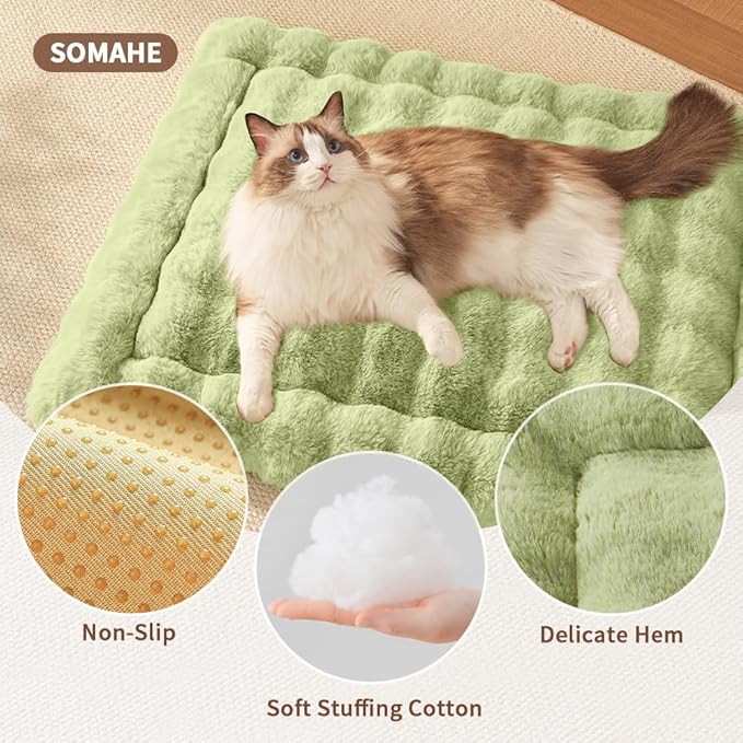 Self-Warming Cat Bed, Plush Faux Fur Pet Bed Mat with Anti-Slip Bottom, Ultra Soft Heated Bed for Cats & Medium Dogs, Cozy Fluffy Pad for Couch & Crate, Machine Washable, 27x20 Inch Green