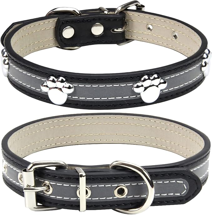 PETCARE Reflective Dog Collar with Cute Paw Rivet Studded Funny Soft PU Leather Adjustable Puppy Dog Collars for Small Medium Large Dogs Cats (Black,X-Large)