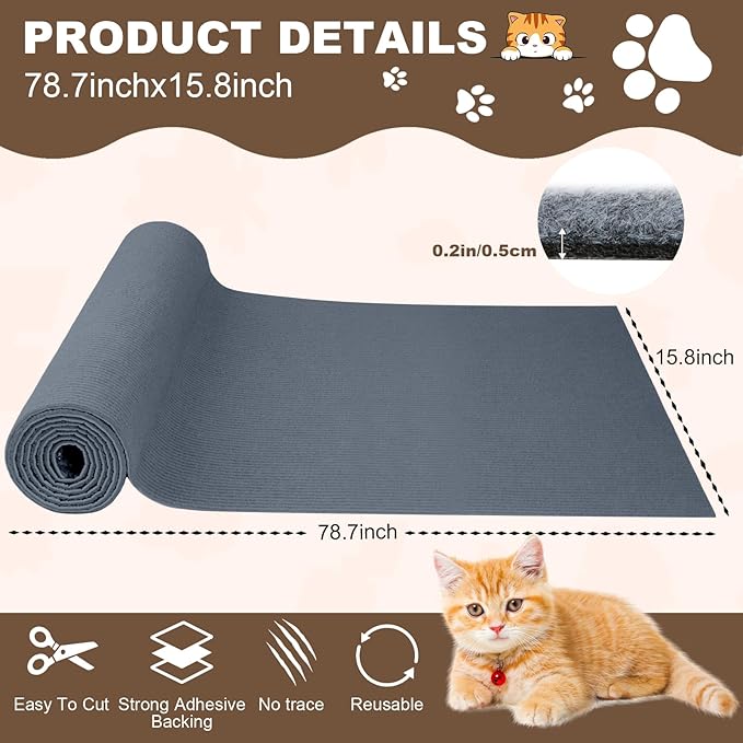 Cat Scratch Furniture Protector, 78.7"x15.8" Cat Scratching Mat, Trimmable Self-Adhesive Cats Claws Scratch Pads, DIY Carpet Mat Replacement for Cats Tree, Cats Wall Shelves, Grey