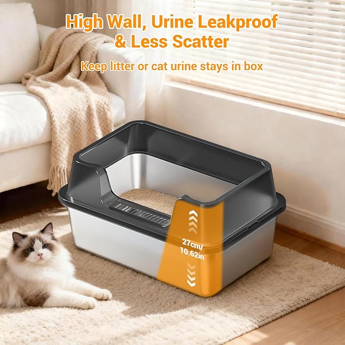 Stainless Steel Litter Box, XL Enclosed Cat Litter Boxes with Lid for Big Cats and Multi-Cats, High Sided, Anti-Urine Leakage Non-Stick Bottom Include Scoop Easy to Clean