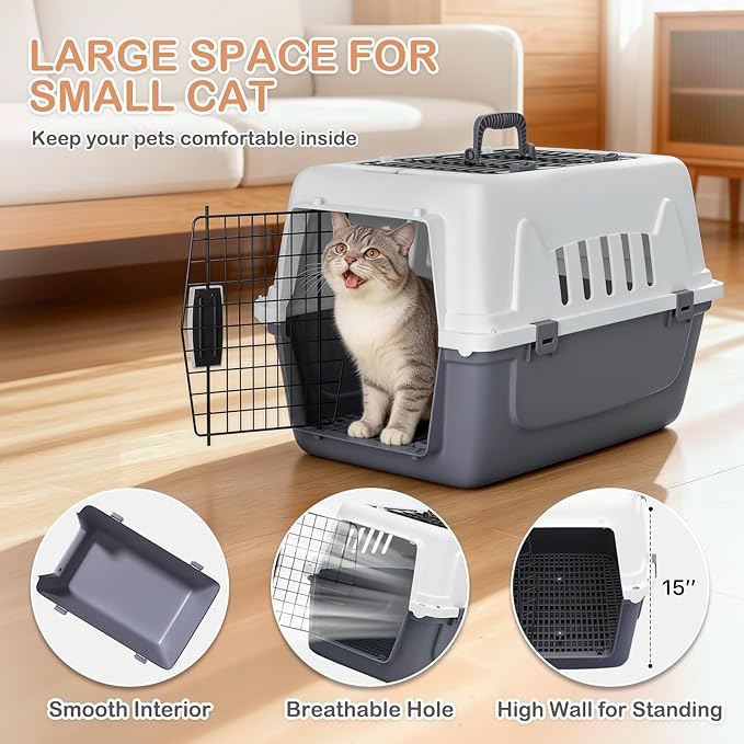 MoNiBloom 22-Inch Dog Crate Plastic 2-Door Top Loading Cat Carrier, Hard-Sided Dog Travel Carrier for Small Dogs and Cats, Ventilation and Security Lock Design for Pets up to 22 lbs (Grey)