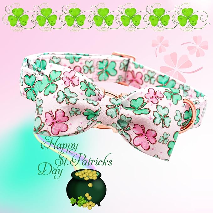 Lionheart glory Dog Bow Collar St. Patrick's Day Dog Collar for Small Dogs, Adjustable Green Collars Lucky Clover Shamrock Dog Collar with Bowtie Pet Collar Bows