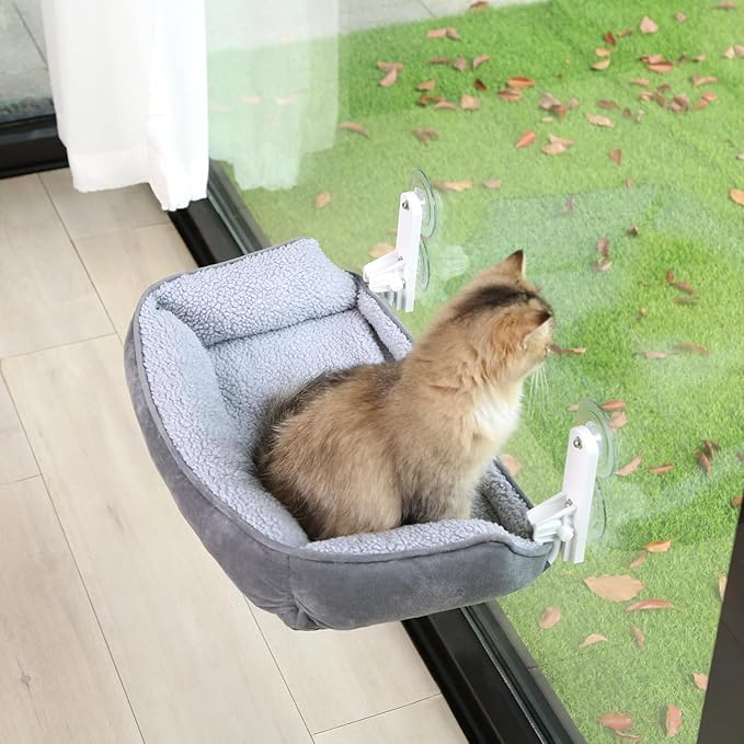 Zakkart Foldable Cat Hammock for Window with Bolster - Cordless, Fold-Up, Three-Side Bolstered Machine Washable Fluffy Bed, Robust Metal Frame - Cat Window Perch for Large Cats and Kittens - Gray