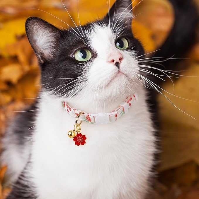 2 Pack Cotton Breakaway Cat Collar Green and Red Flowers Pendant Cute Kitten Cat Collar with Bell
