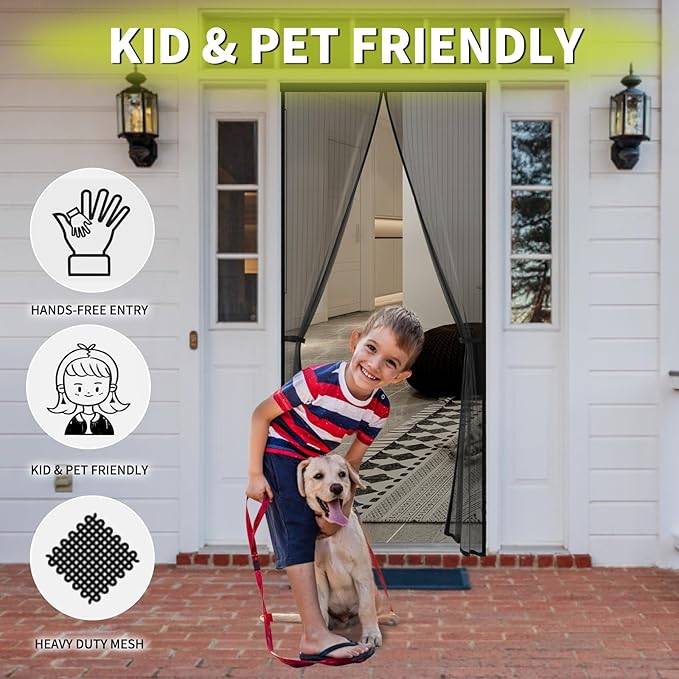 Magnetic Screen Door -Fit for Door Size:32x78 Inch,Screen Door Size 34"x80"，Hands Free Mesh Partition,Heavy Duty Curtain Keeps Bugs Out, Frame Hook & Loop, Pet and Kid Friendly