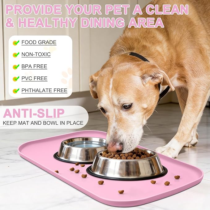 Silicone Pet Food Mat with Raised Edge for Food and Water Bowl, Dog Feeding Mats, Cat Food Trays for Floor Waterproof, Rubber Tray for Dogs and Cats, 19 x 12 x 0.7 Pink