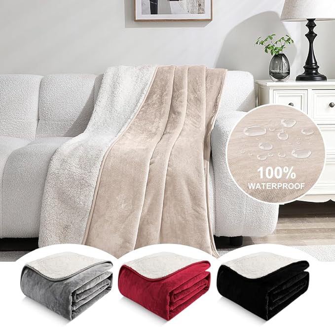 Waterproof Bed Blanket - Reversible Sherpa Throw with Leak-Resistant TPU Layer - 80x60 Stain Resistant, Machine Washable Bed Protector for Couch, Bed & Pets
