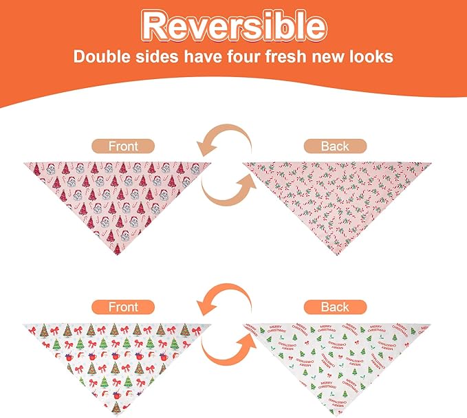 Cute Christmas Dog Bandanas Small 2PCS, 4 Pattern Holiday Scarf for Boy and Girl, Triangle Reversible Bibs Breed for Puppy Pets