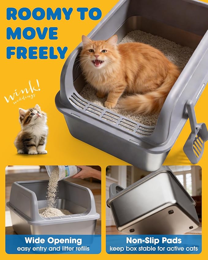 Stainless Steel Cat Litter Box, Metal Litter Box with Scoop, High- Sided, Anti-Leakage Top Entry, Non-Sticky, Easy to Clean, Grey, XL (2 Pack)