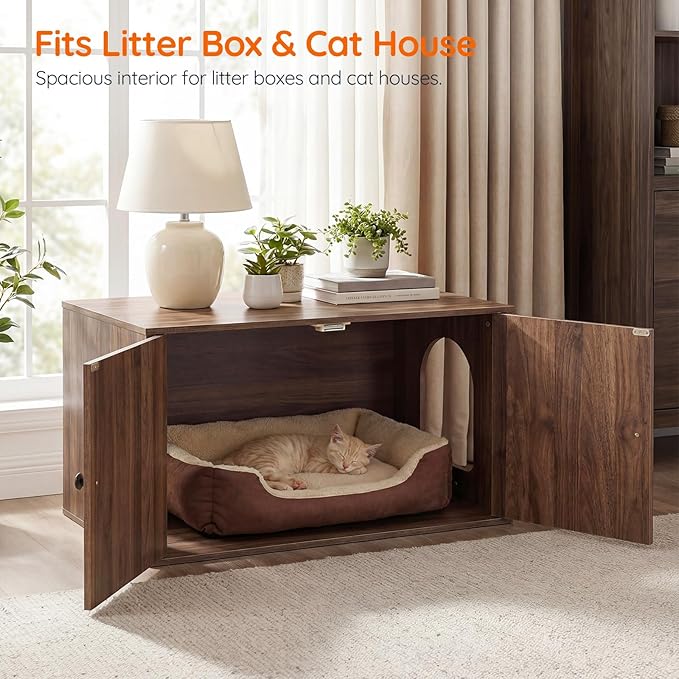 HOOBRO Cat Litter Box Enclosure, Hidden Litter Box Furniture with Side Entry, Litter Box Cabinet, Indoor Cat House, End Side Table, 31.5"L x 17.7"W x 16.3"H, for Living Room, Bathroom, Walnut WL40MW01