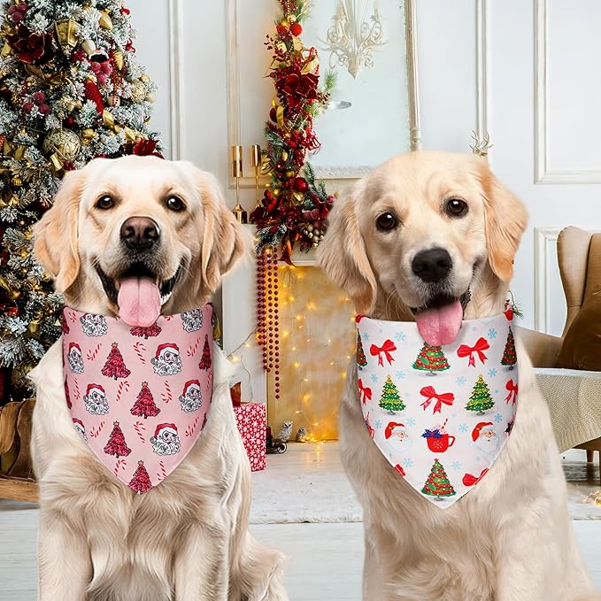 Cute Christmas Dog Bandanas XLarge 2PCS, 4 Pattern Holiday Scarf for Boy and Girl, Triangle Reversible Bibs Breed for Puppy Pets