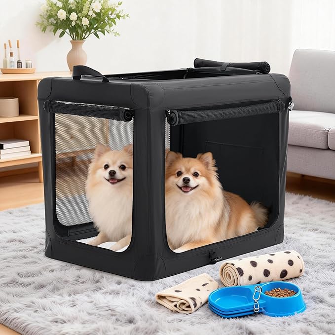Dog Travel Crate 24 Inch, Portable Soft-Sided Travel Carriers for Dogs and Cats, Foldable Pet Kennel with 3-Doors Mesh Windows Indoor & Outdoor, Black