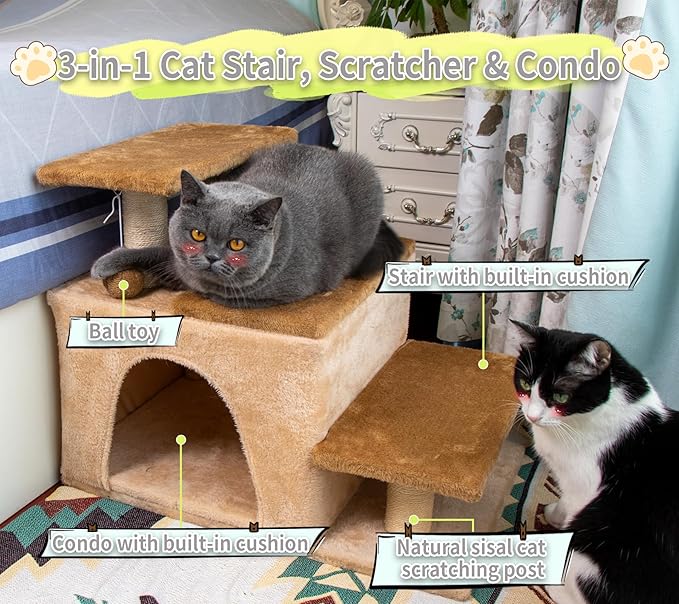 3-in-1 Pet Stairs for Cats for High Bed, Adjustable Dog Steps, Modular 3-Tier, Cushioned Steps & Big Cat Condo, Adjustable Entrance, Dangling Ball, for Kittens, Senior & Fat Cats (Grey, Large)
