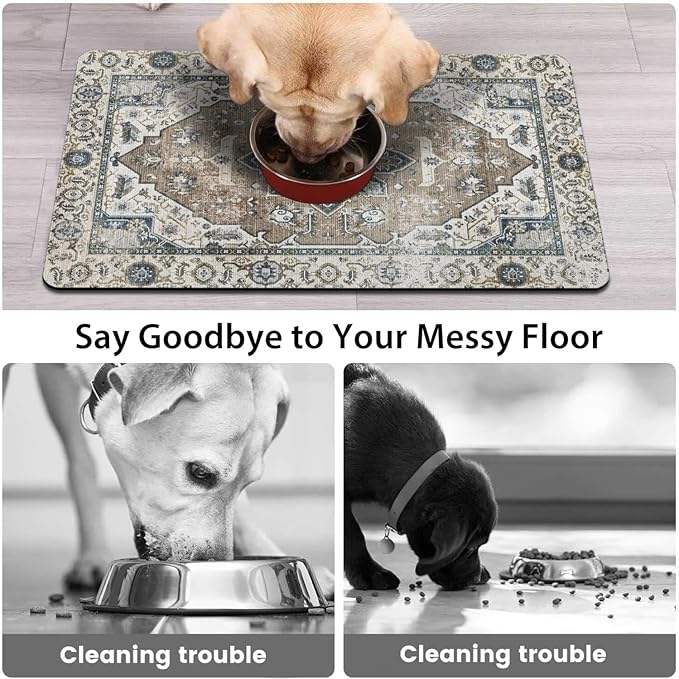 Dog Food Mats for Floors, Absorbent and Quick-Drying Pet Cat Food Mat,Anti-Fouling and Easy-to-Clean Pet Feeding Mat,Dog Bowl Mat for Messy Drinking Water Bowls.12 x20, Bohemia Style