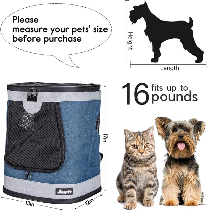 JESPET & GOOPAWS Pet Backpack Carrier for Small Dog, Puppy, Soft Carrier Backpack Ideal for Traveling, Hiking, Walking and Outdoor Activities with Family (Blue Grey)