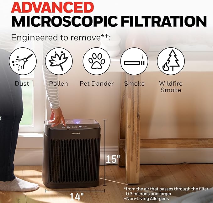 Honeywell HEPA Air Purifier for Home, 938 Ft² Rooms in 1 Hour, Turbo Clean, Reduces Allergens, Dust, Pollen, Pet Dander, All Smoke Types, Odors, Black, HPA5100B