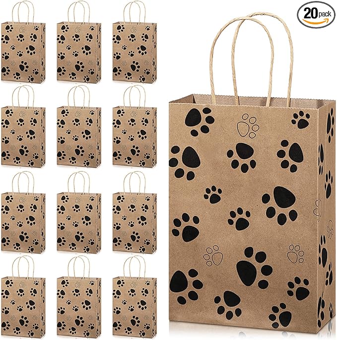 Blulu 20 Pcs Puppy Dog Paw Gift Bags with Paper Twist Handles, Dog Gift Paper Paw Treat Goodie Bags for PET Treat Party Favor, 6.3 x 3.1 x 8.6 Inch(Brown Backing)