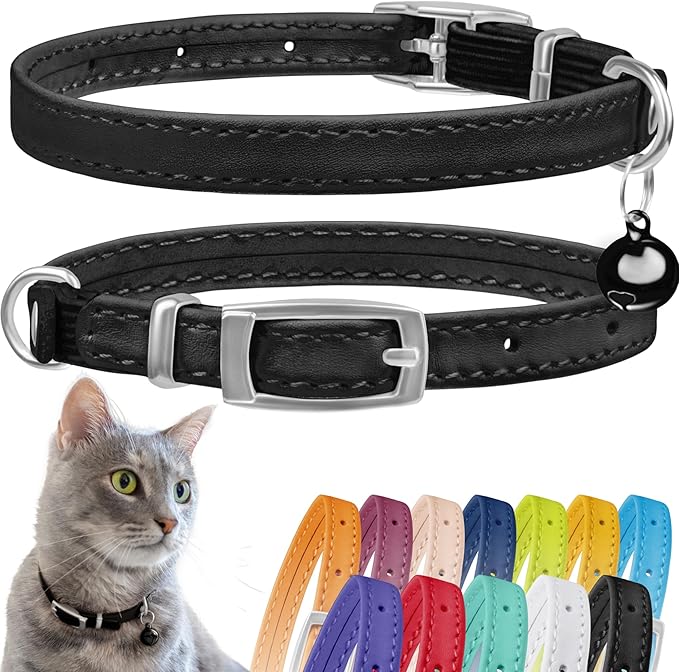 CollarDirect Leather Cat Collar with Bell - Kitten Collar, Small and Big Cat Collar for Boy Cats, Girl Cats with Safety Elastic Strap (Neck Fit 8"-11", Black)