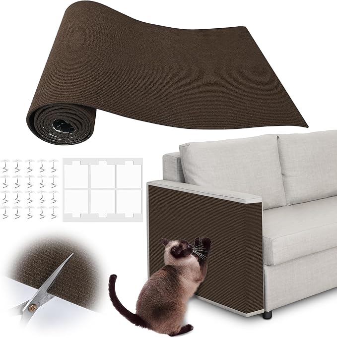 Cat Scratch Furniture Protector - 118" x 15.8" Trimmable Self-Adhesive Cats Claws Scratch Pads, DIY Cat Climbing Couch Protector for Scratch Post Cat Tree Replacement Indoor (Brown)