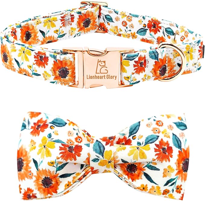 Lionheart glory Dog Collar Bow Collar Floral Dog Collar with Bow Tie Spring Summer Cute Collar Dog Boy or Girl Dog Collars Soft Durable Adjustable Dog Collars for Medium Dogs