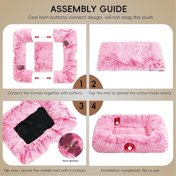 Extra Large Cat Tunnel Bed, 4 Ways Tunnels for Indoor Cats, Multi-cat Family Pet Bed & Cave, Plush Cat Donut with Washable Middle Mat, Exit Balls, Pet Play Toy for Kitten Puppy Rabbit, Pink