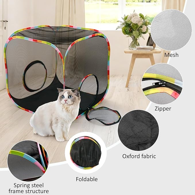 Portable Collapsible Cat Playpen, Escape-Proof Heavy-Duty Mesh Cat Enclosure, Fully Enclosed Cat Cube for Indoor Outdoor Use, Ideal for Kittens and Small Pets