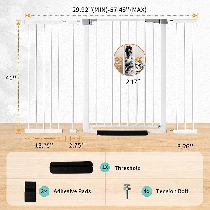 41" Tall Safety Pet Gate,Adjustable 29.92"-57.48" Wide,No Drilling Pressure Mount Kit,Auto Close Cat Gate Suitable for Stairs,Doorways,White (29.92"-57.48" W)