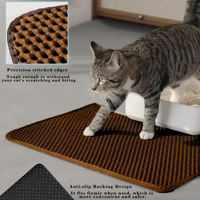 HCY&WLD Cat Litter Mat, Honeycomb Double Layer Cat Litter Trapping Mat, Waterproof Urine Proof Non-Slip, Scatter Control, Less Waste, Easier to Clean (Brown, 45" X 26")