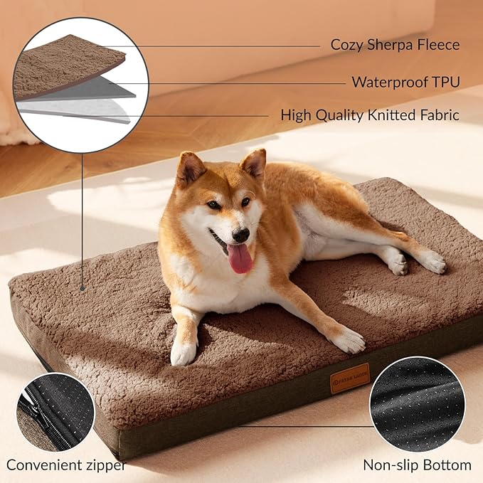 Patas Lague Orthopedic Dog Bed Large Sized Dog 36''X24'',Soft Waterproof Egg Crate Foam Medium Pet Crate Beds Mat with Removable Washable Cover and Non-Slip Bottom, Brown