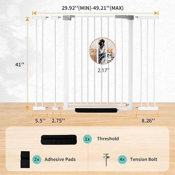 41" Tall Safety Pet Gate,Adjustable 29.92"-49.21" Wide,No Drilling Pressure Mount Kit,Auto Close Cat Gate Suitable for Stairs,Doorways,White (29.92"-49.21" W)