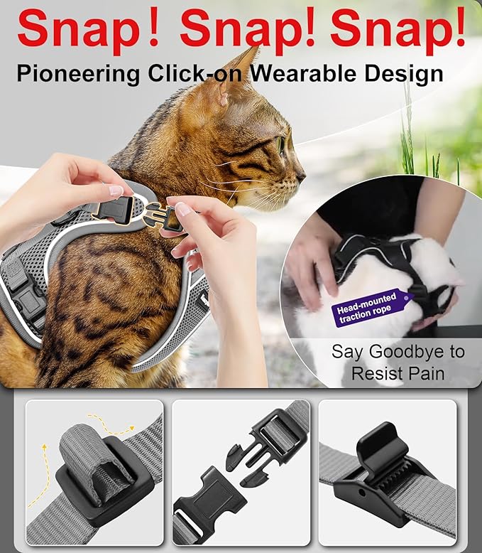 Cat Harness and Leash for Walking Escape Proof Soft Adjustable Cat Leash Breathable Comfortable Vest Easy to Wear Kitten Harness for Outdoor Travel Grey M