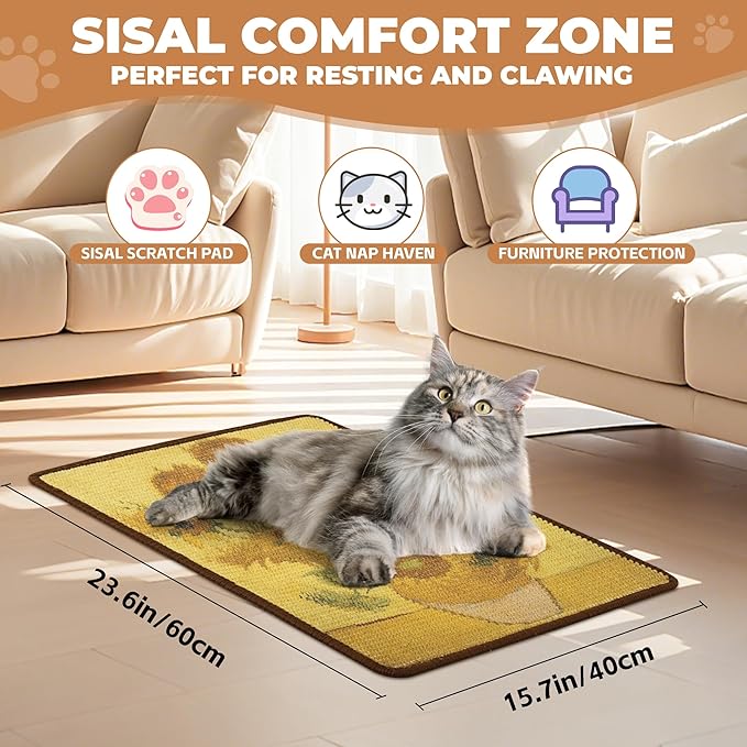 Sisal Cat Scratcher Mat, Cat Wall Scratcher for Indoor Cats, 23.6x15.7 Inch Cat Scratch Pad with Hook & Loop, Wall Mounted Cat Scratching Post to Protect Couch and Carpet（Helianthus）