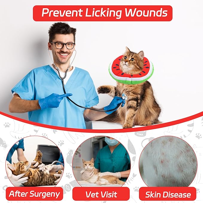 Cat Cone Collar Soft, Adjustable Cat Recovery Collars Kitten Cones to Stop Licking, Cute Donut E Collar After Surgery, Wound Healing Elizabethan Collar for Kittens (Watermelon, Large)