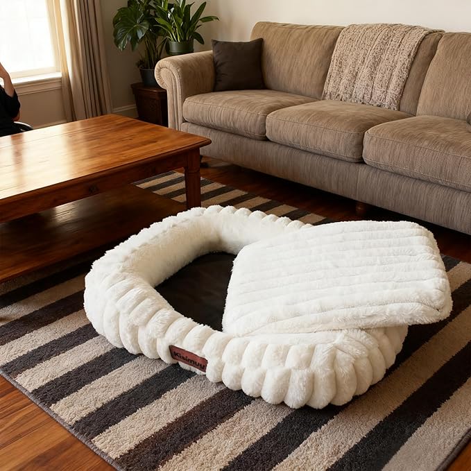 Dog Bed Large Size Dogs Washable Soft Furry Pet Bed, Calming Rectangle Large Dog Bed with Removable Cover & Anti-Slip Bottom, Orthopedic Anti-Anxiety Pet Bed with Handle, 35x27x5inches, Cream